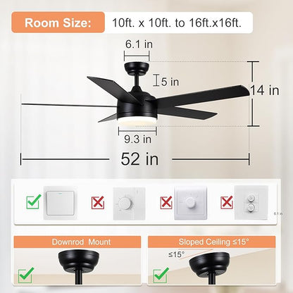 YUHAO 52 Inch Black Ceiling Fan with Light and Remote Control.Noiseless,Dimmable,3CCT,6 Speeds Reversible, DC Ceiling Fans for Indoor or Covered Outdoor Use.ETL Listed