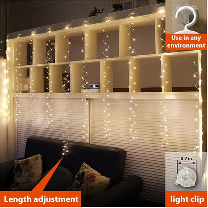 ZSJWL 300 LED Curtain Fairy Lights with Remote, 8 Modes 9.8 × 9.8 Ft Curtain String Light USB Plug in, Twinkle Silver Wire Lights for Bedroom Window Chrismas Wedding Party, Warm White
