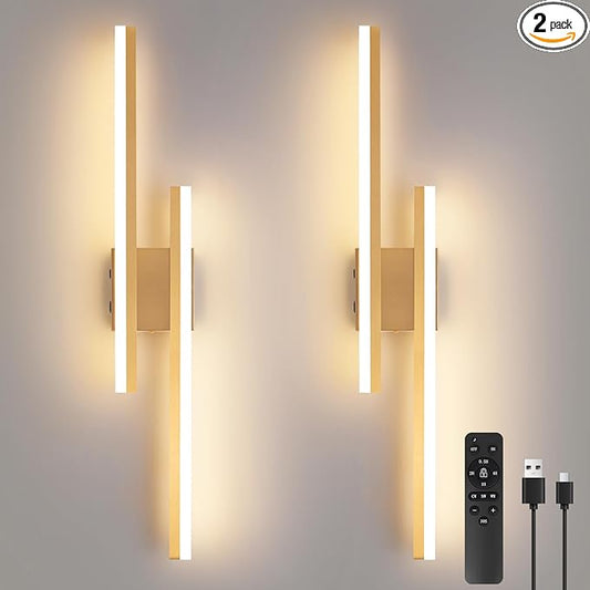 Modern Battery Operated Wall Sconce Set of Two,Gold Wall Light with Remote,Rechargeable LED Wall Lamp Indoor for Bathroom Living Room Bedroom Corridor