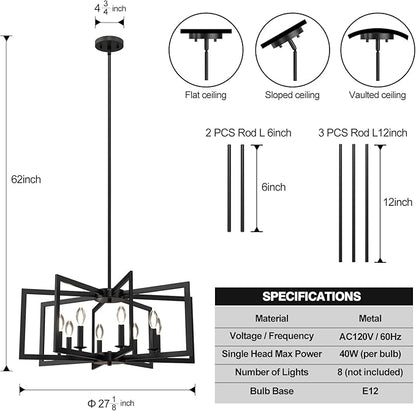 Modern Black Chandelier, 8-Light Geometric Dining Room Light Fixture, Industrial Pendant Lights Kitchen Island, Hanging Metal Farmhouse Chandeliers for Dining Room Entryway Foyer Bedroom Kitchen