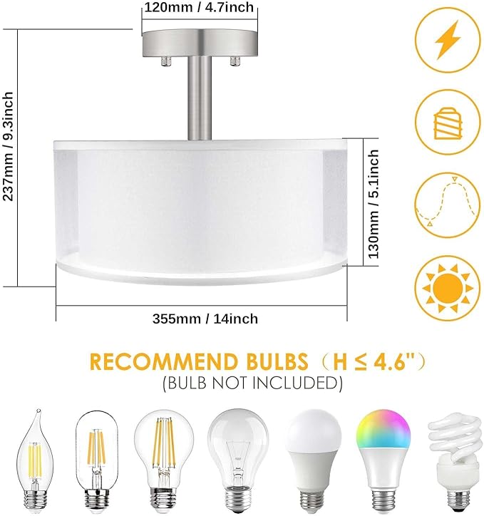 FOLKSMATE 3-Light Semi Flush Mount Ceiling Light Fixture, 14 Inch Drum Light with Double Fabric Shade, Modern Close to Ceiling Lamps for Dining Room Kitchen