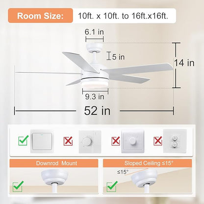 YUHAO 52 Inch White Ceiling Fan with Light and Remote Control.Noiseless,Dimmable,3CCT,6 Speeds Reversible, DC Ceiling Fans for Indoor or Covered Outdoor Use.ETL Listed