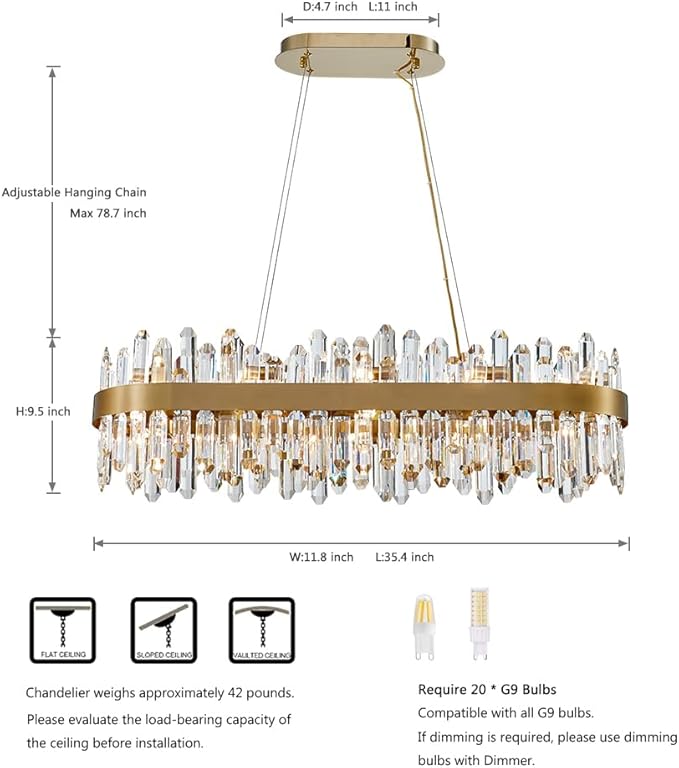 Gold Oval Crystal Chandelier L35.4 inch, 20-Lights Gold Chandeliers Modern Crystal Chandelier Pendant Light Fixture G9 Lights Pendant Ceiling Light for Dining Living Room Kitchen Island