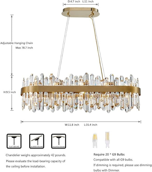 Gold Oval Crystal Chandelier L35.4 inch, 20-Lights Gold Chandeliers Modern Crystal Chandelier Pendant Light Fixture G9 Lights Pendant Ceiling Light for Dining Living Room Kitchen Island
