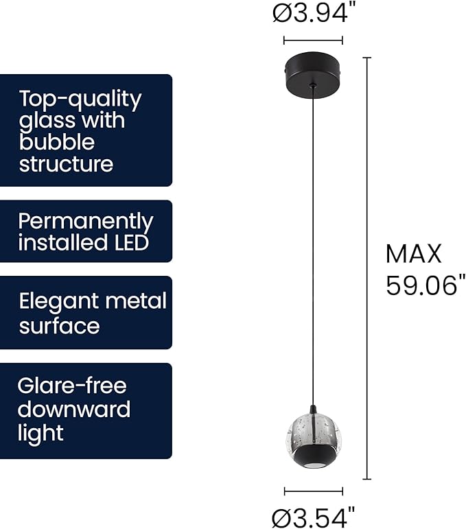 Modern Black Single Pendant Light with Bubble Glass, Small Globe Pendant Light 70.86" Drop, Kitchen Pendant Lighting Over Island, Bar, Entryway, Warm White 3000K, 519 lm, Ø 4.73"