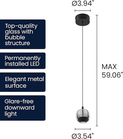 Modern Black Single Pendant Light with Bubble Glass, Small Globe Pendant Light 70.86" Drop, Kitchen Pendant Lighting Over Island, Bar, Entryway, Warm White 3000K, 519 lm, Ø 4.73"