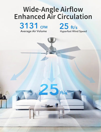 Rayqueen 42 Inch Ceiling Fans with Lights and Remote, 6 Speed Reversible DC Motor, 3CCT Dimmable LED, Modern Brushed Nickel Ceiling Fan for Bedroom, Living room & Covered Outdoor,Includes Downrod