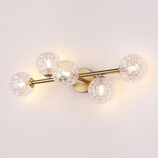 Gold Brass Globe Vanity Light - Vintage 5-Lights Wall Sconce - Sphere Round Lights Fixture with Stained Hammered Glass Shade - Mid Century Modern Sconces for Bathroom Bedroom Living Room Entry Porch