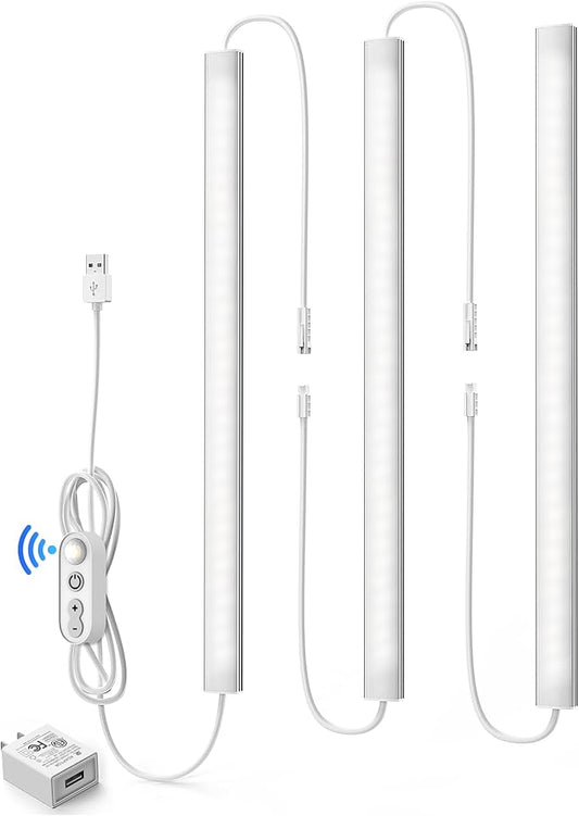 Motion Sensor Dimmable Under Cabinet Lighting, 6000K White, Plug-in, Linkable LED Closet Light Bars, 12-inch 3 Pack