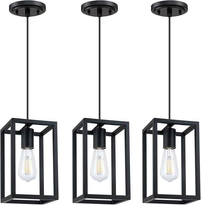 1 Light Hanging Rustic Farmhouse 5.7" Metal Lantern Cage Pendant Ceiling Light Fixture,Cafe Bar Over Sink Dining Room Bedroom Kitchen Island 3 Pack Black