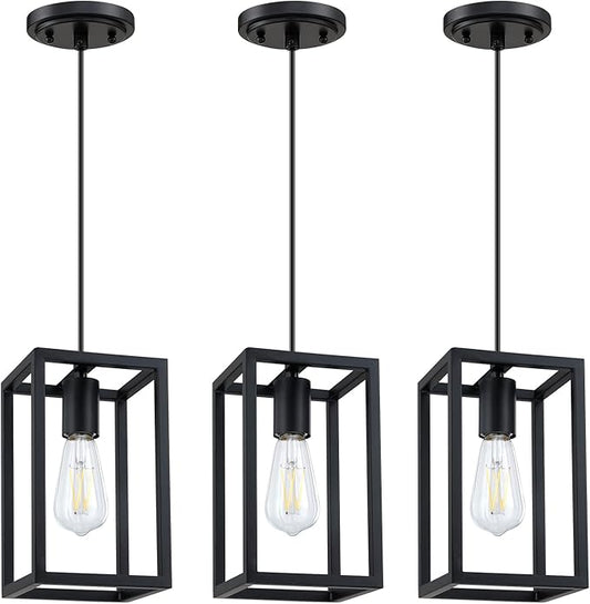 1 Light Hanging Rustic Farmhouse 5.7" Metal Lantern Cage Pendant Ceiling Light Fixture,Cafe Bar Over Sink Dining Room Bedroom Kitchen Island 3 Pack Black