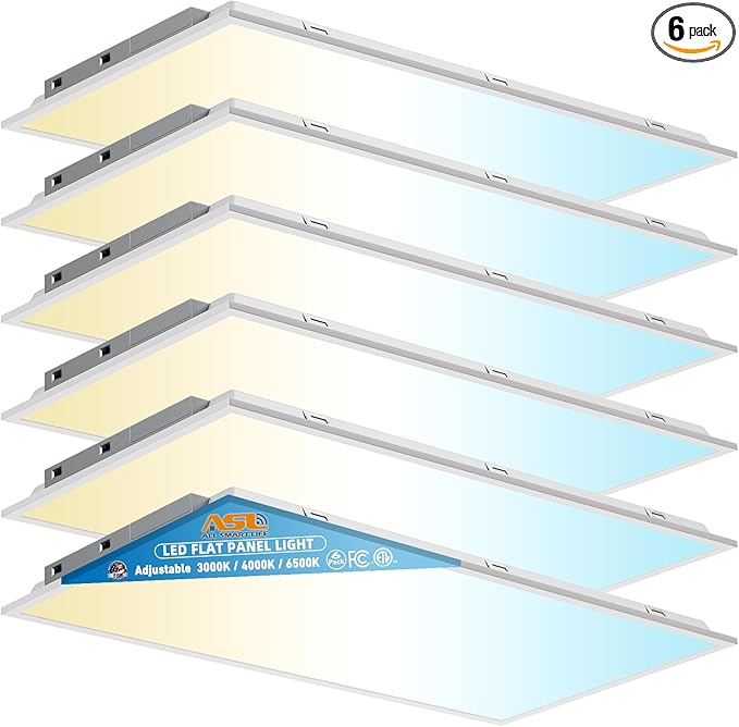 2x4 LED Flat Panel Lights for Drop Ceiling 6-Pack, 7200Lumens 0-10V Dimmable, 3CCT 3000K-4000K-6500K, 24InchX48Inch Back-Lit Recessed Troffer Light Fixtures for Shop Commercial Office, 120-277V ETL