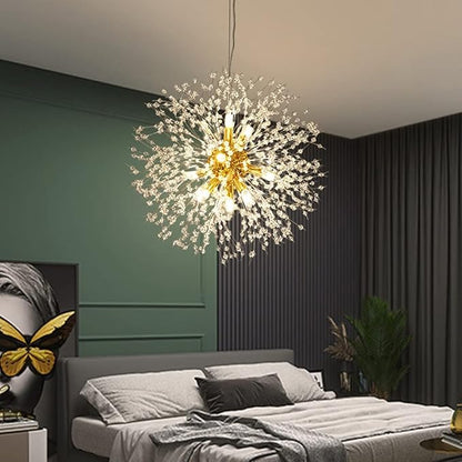 Gold Crystal Chandeliers 9-Light Modern Firework Chandelier Dandelion Light Fixture,Bedroom Chandelier,Ceiling Hanging Lighting for Dining Room,Bedroom,Aisle