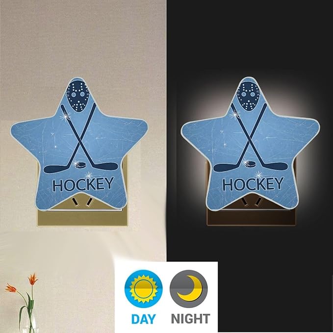Ice Hockey Sticks and Puck Plug in LED Night Light Lamp with Dusk to Dawn Sensor for Hallway, Kitchen, Bathroom, Bedroom - Star Shaped Decor