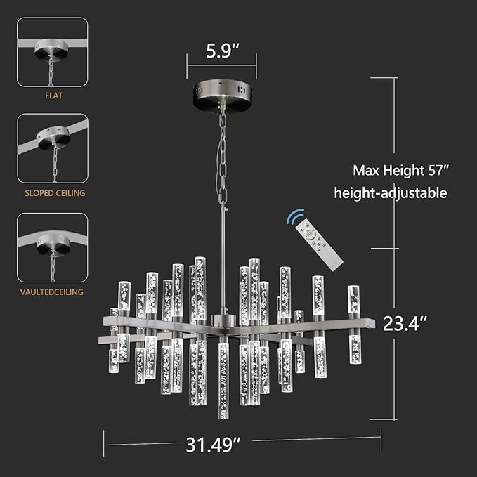 Modern Chandelier Lighting Led Pendant Lights Fixtures with Acrylic Shade Satin Nickel Island Chandeliers 33-Lihgts Contemporary Ceiling Dining Room Living Dimmable Warm White D31.5