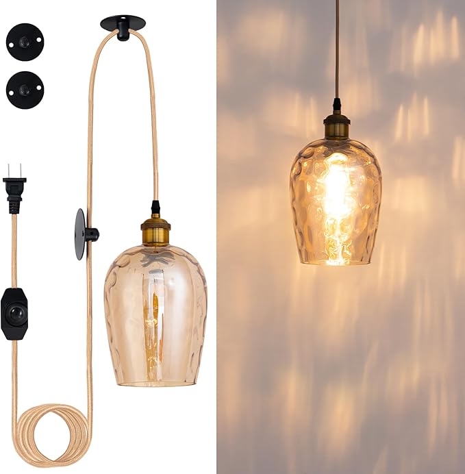 Amber Plug in Pendant Light with Plug in Cord 16.4FT Cord Hand Blown Glass Hanging Lamp with Dimmable Switch E26 Plug in Ceiling Light Fixture for Dining Room Living Room Bar (Bulb not Included)