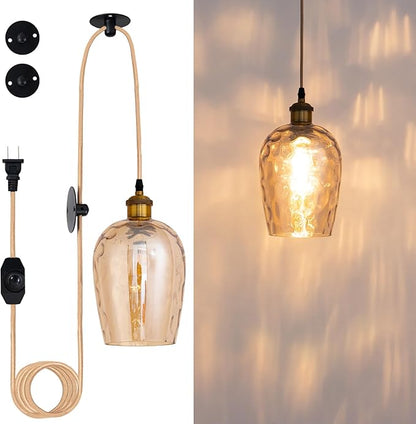 Amber Plug in Pendant Light with Plug in Cord 16.4FT Cord Hand Blown Glass Hanging Lamp with Dimmable Switch E26 Plug in Ceiling Light Fixture for Dining Room Living Room Bar (Bulb not Included)