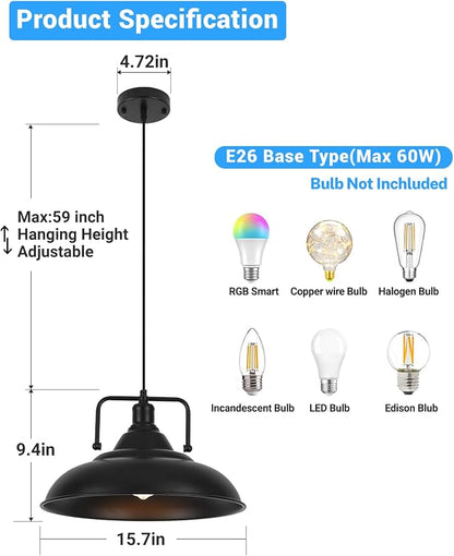 15.7" Black Pendant Lights Kitchen Island 2 Pack, Large Industrial Pendant Light Fixtures Kitchen Island Lighting for Dining Room Barn