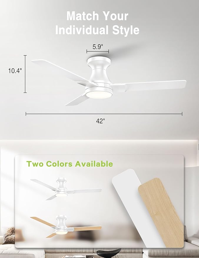DAMINY 42 inch Ceiling Fans with Lights,3 Blades,6CCT, Low Profile Ceiling Fan with Light and Remote Control,Ceiling Fan for Bedroom, Kitchen,Indoor/Outdoor Use,Flush Mount-White