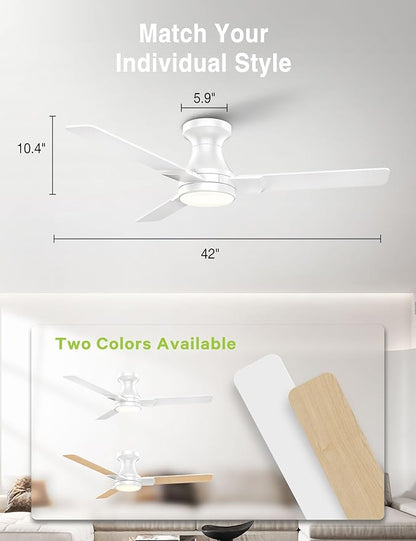 DAMINY 42 inch Ceiling Fans with Lights,3 Blades,6CCT, Low Profile Ceiling Fan with Light and Remote Control,Ceiling Fan for Bedroom, Kitchen,Indoor/Outdoor Use,Flush Mount-White
