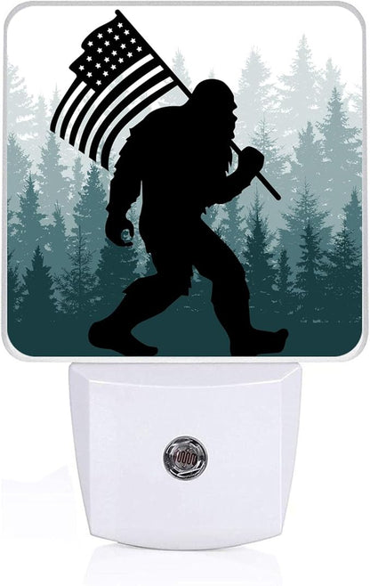Bigfoot American Flag Night Light, Plug-into Wall Green Misty Forest Nightlight Lamp with Dusk to Dawn Sensor, Led Lamp 0.5W Energy Efficient for Boys Girls Adults Home Decor
