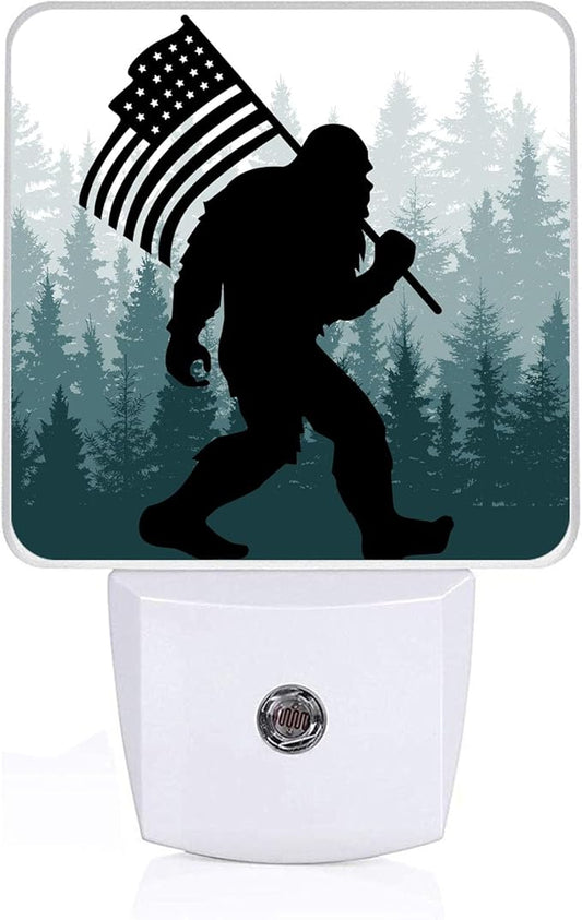 Bigfoot American Flag Night Light, Plug-into Wall Green Misty Forest Nightlight Lamp with Dusk to Dawn Sensor, Led Lamp 0.5W Energy Efficient for Boys Girls Adults Home Decor