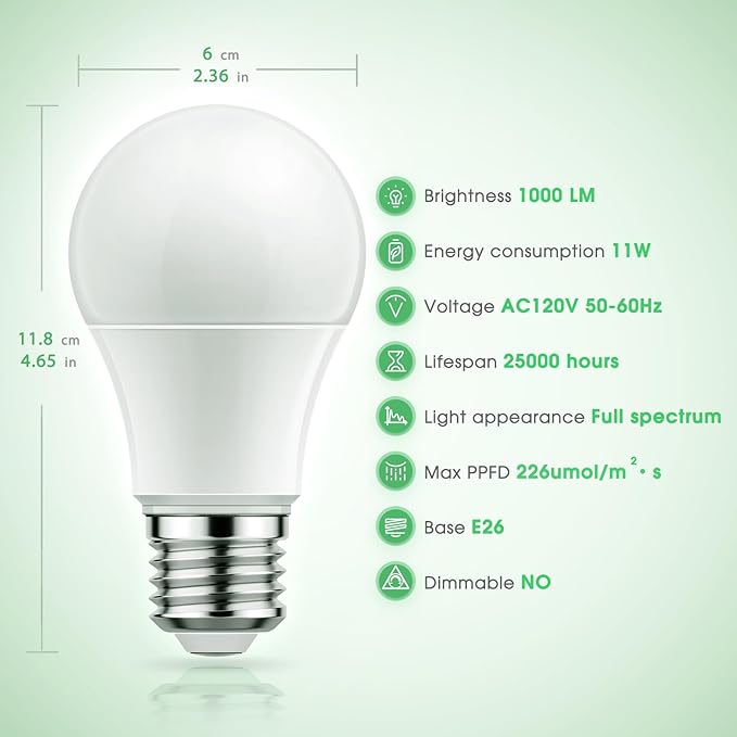 Briignite Full Spectrum LED Grow Light Bulb - A19 E26 Base, 11W (100W Equivalent) - for Indoor Plants, Seed Starting - 3 Pack