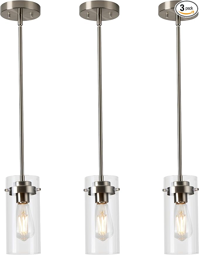EAPUDUN Pendant Lights Kitchen Island (3 Pack), Clear Glass Shade Kitchen Lighting fixtures Ceiling Hanging, Brushed Nickel Light for Kitchen Island,Dining Room,Corridor Bedroom E26 Base