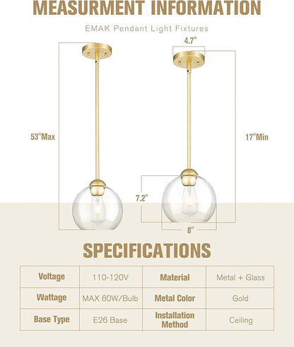Emak 2 Pack Gold Pendant Light Fixtures, 8 Inch Globe Pendant Lights Kitchen Island with Clear Glass, Modern 1 Light Pendant Lighting for Kitchen, Bedroom, Bathroom, PL121-GD-2PK