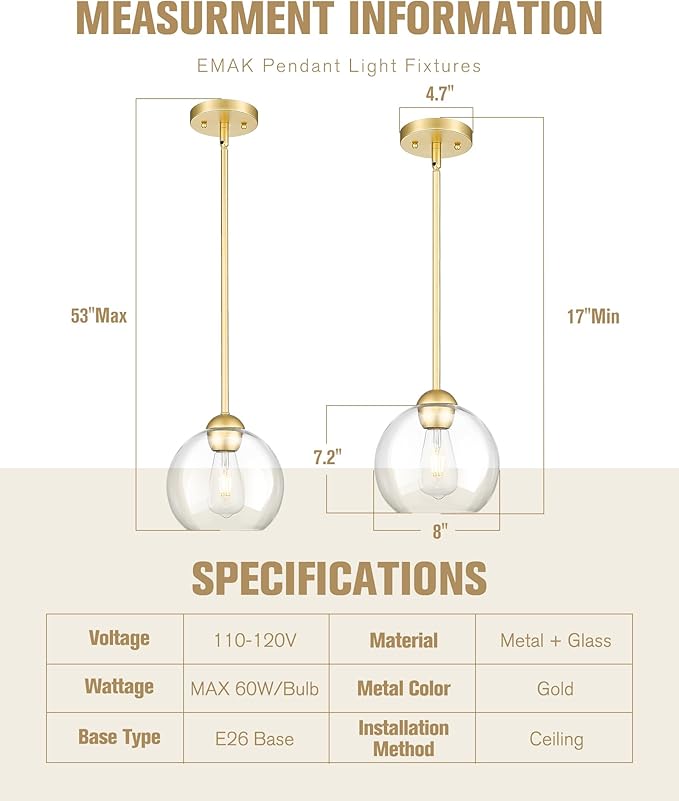 Emak 3 Pack Pendant Lights Kitchen Island, Gold Pendant Light Fixtures with Clear Glass Shade, Modern 8 Inch Globe Hanging Lights for Kitchen, Bedroom, Bar, PL121-GD-3PK