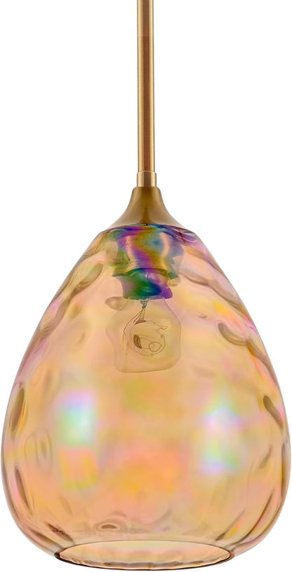 Colorful Amber Hammered Glass Pendant Light with Brass Gold Accent, Adjustable Hanging Lamp for Kitchen, Dining Room, and Living Room