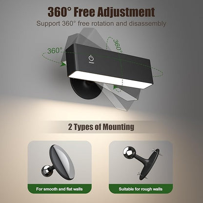 YiLaie LED Magnetic Wall Sconce Lights, Wall Mounted Lamp with 4000 mAh Battery Operated Wall Sconce, Touch Controls & Brightness Adjustment, USB Port, 360° Rotate Wall Lamps for Bedroom, Black