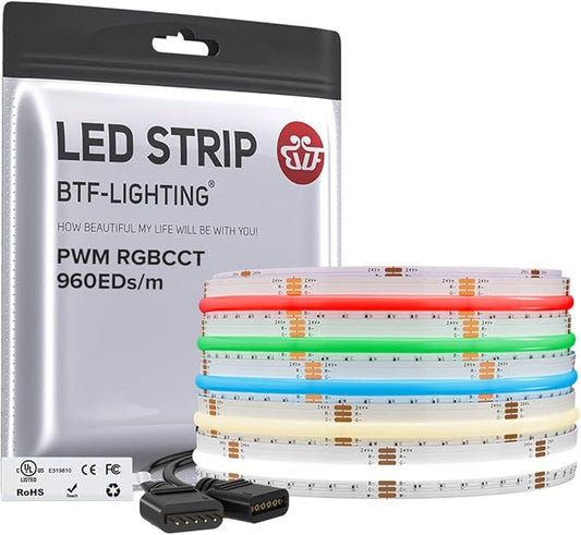 BTF-LIGHTING FCOB COB RGBCCT Color Changing LED Strip,UL Listed 960LED/m High Density 16.4FT RGB+Tunable White 3000K-6000K DC24V 12mm Width Flexible Light for Home Decor(No Adapter or Controller)