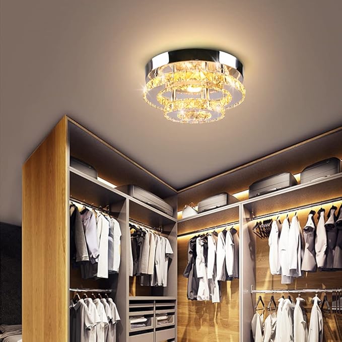 2-Tier Crystal Flush Mount Mini Chandelier Ceiling Light, 30W LED Modern Round Ceiling Fixture for Hallway Entryway Staircase Kitchen, Warm White (2500–3500K)