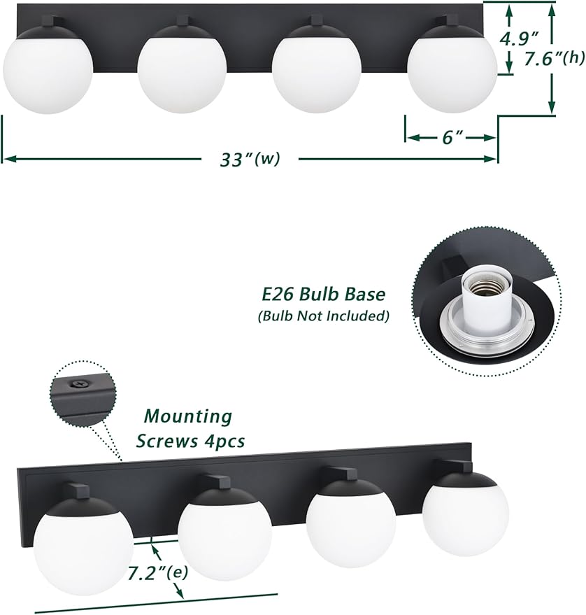 Black Bathroom Vanity Light Fixtures, 4-Light Globe Bathroom Lighting Fixtures Over Mirror, Modern Wall Lights for Living Room, Long Backplate, Standard E26 Base, Textured Black