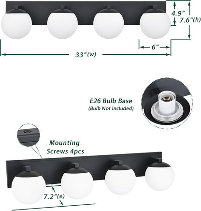 Black Bathroom Vanity Light Fixtures, 4-Light Globe Bathroom Lighting Fixtures Over Mirror, Modern Wall Lights for Living Room, Long Backplate, Standard E26 Base, Textured Black