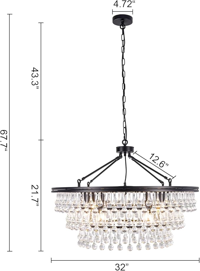 Wellmet Large Black Farmhouse Chandelier - 32" Round Modern Crystal Teardrop Chandelier for Dining Room, Bedroom, Kitchen, Hallway, Closet, Living Room