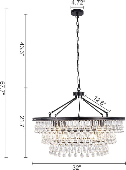 Wellmet Large Black Farmhouse Chandelier - 32" Round Modern Crystal Teardrop Chandelier for Dining Room, Bedroom, Kitchen, Hallway, Closet, Living Room