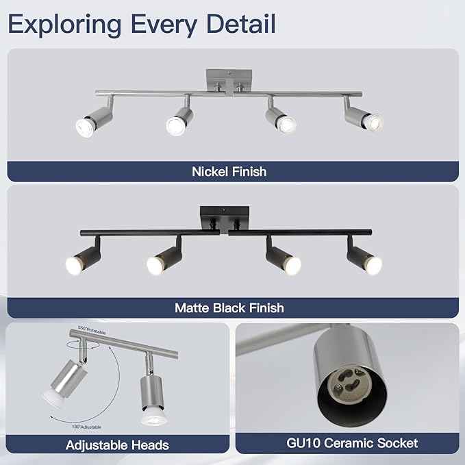 4-Light Nickel Track Lighting Kit, Adjustable GU10 Ceiling Spotlight Fixture with Rotatable Heads, Modern Flush Mount for Kitchen Island, Hallway, Living Room (Bulbs Not Included)