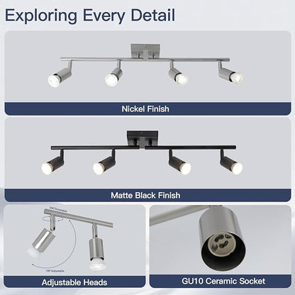 4-Light Nickel Track Lighting Kit, Adjustable GU10 Ceiling Spotlight Fixture with Rotatable Heads, Modern Flush Mount for Kitchen Island, Hallway, Living Room (Bulbs Not Included)