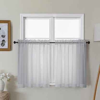 Gwine Light Grey Sheer Curtains 30 Inch Length, Short Light Filtering Voile Small Cafe Kitchen Curtains with Rod Pocket, Short Curtain for Bathroom Window, 42x30 Inch, 2PCS