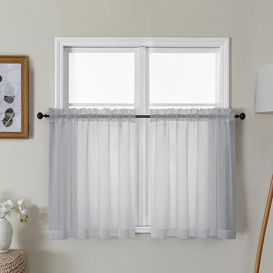 Gwine Light Grey Sheer Curtains 30 Inch Length, Short Light Filtering Voile Small Cafe Kitchen Curtains with Rod Pocket, Short Curtain for Bathroom Window, 42x30 Inch, 2PCS