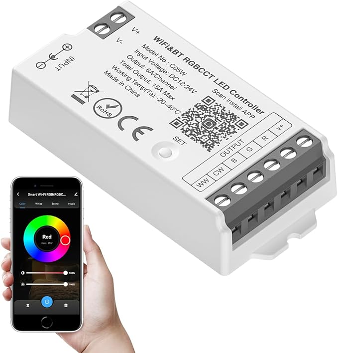 SEZO C05W WiFi Bluetooth RGBCCT LED Strip Controller Group Control Support Tuya Smart Life APP/Voice Control Compatible with LM091 LM096 LM007 LM097 RGBCCT Remote DC12-24V