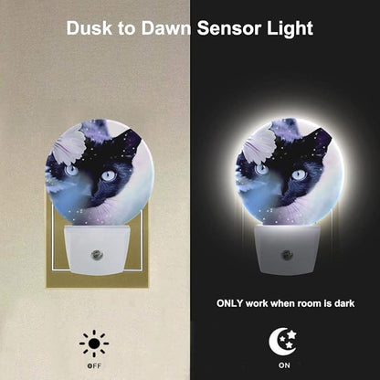 EKOBLA Cat & White Flower Plug-in Night Light, Black Kitten Hiding Behind Floral LED Nightlight with Auto Sensor for Home Decor