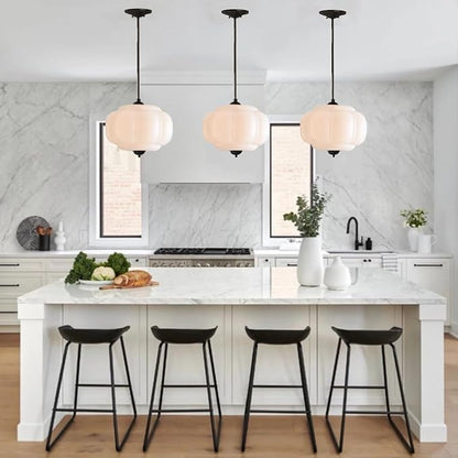 Milk White Glass Pendant Light Vintage Schoolhouse Lighting Opal Glass Chandelier Traditional Black Semi Flush Mount Ceiling Light for Bedroom Kitchen Dining Room