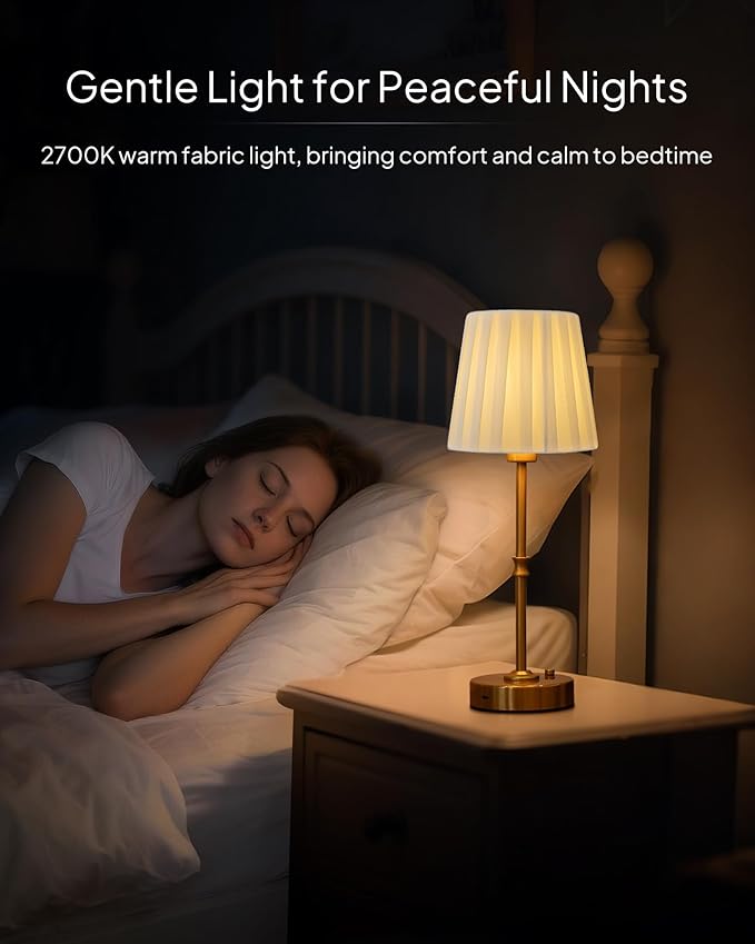 EppieBasic Cordless Table Lamp Rechargeable: Fast Charging & Long Lasting - 2700K Warm Light Small Vintage Gold Lamps -Bedside Dinning Living Room Bedroom - Pleated Shade