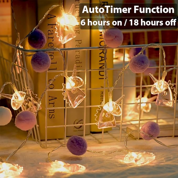 9.85FT Unicorn Decor String Lights with 20 Cute PomPoms 20 Pink Unicorn LED Lights Battery Operated with Timer Decor for Kids Bedroom Birthday Party Kids Playhouse Christmas Home Room Decorations
