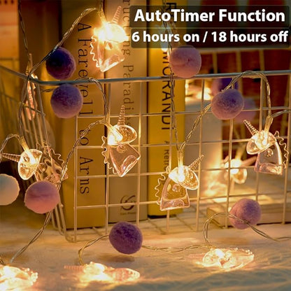 9.85FT Unicorn Decor String Lights with 20 Cute PomPoms 20 Pink Unicorn LED Lights Battery Operated with Timer Decor for Kids Bedroom Birthday Party Kids Playhouse Christmas Home Room Decorations