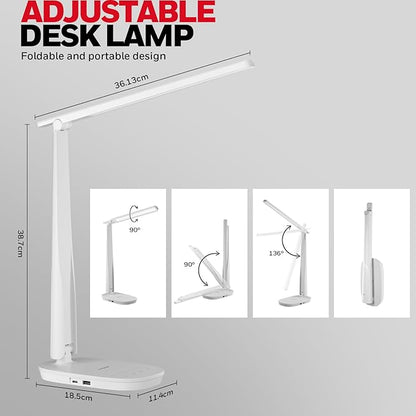 Honeywell HWT-H2 LED Desk Lamp, CRI94 Full Spectrum Eye-Caring Table Light, Foldable Dimmable 4 Color Modes with USB A+C Charging Ports for Home Office Bedroom Reading Study Work (White)