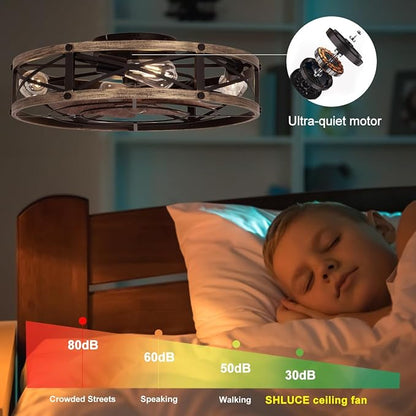 SHLUCE 22" Farmhouse Ceiling Fan with Light, Rustic Caged Bladeless Low Profile Ceiling Fans with Lights and Remote, Modern Flush Mount Ceiling Fans with Lights for Bedroom, Living Room - ETL